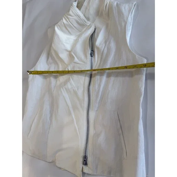 VINCE Asymmetric Leather Linen Moto Vest Sz L Cream Ivory White Zip MSRP $625